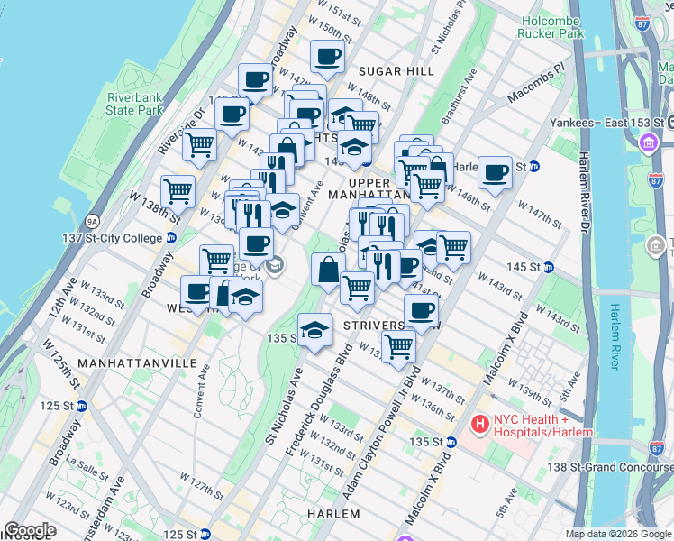 map of restaurants, bars, coffee shops, grocery stores, and more near 414 West 141st Street in New York