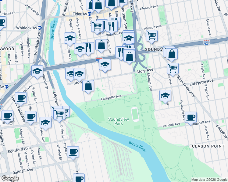 map of restaurants, bars, coffee shops, grocery stores, and more near 875 Boynton Avenue in Bronx
