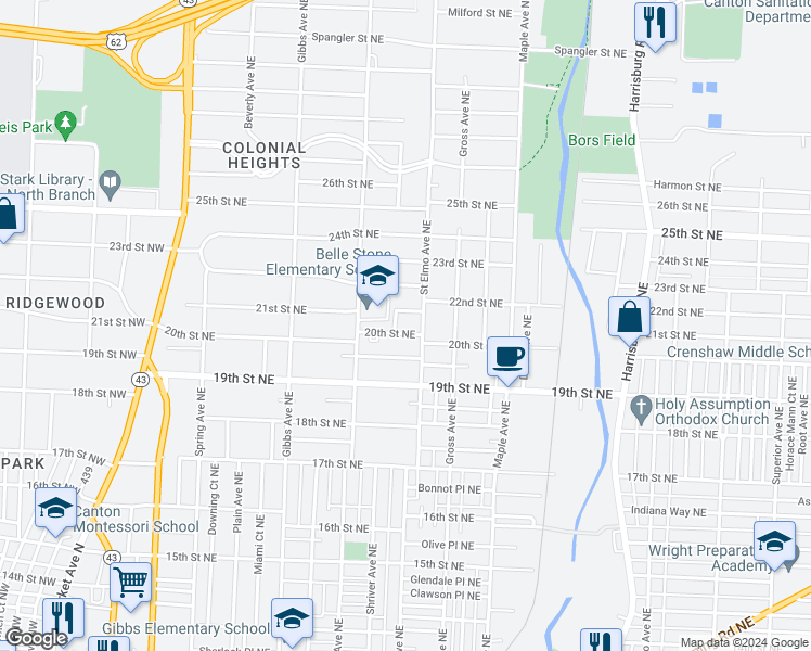 map of restaurants, bars, coffee shops, grocery stores, and more near 1405 20th Street Northeast in Canton