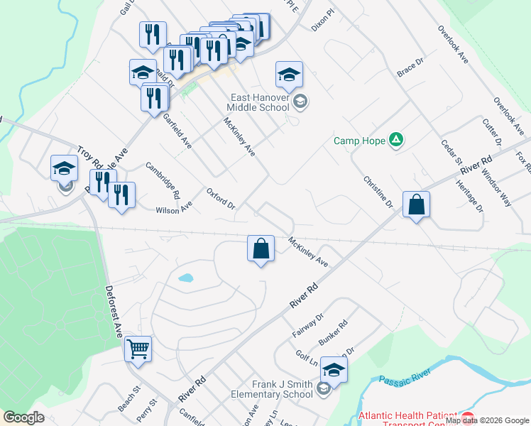map of restaurants, bars, coffee shops, grocery stores, and more near 14 Park Terrace in East Hanover