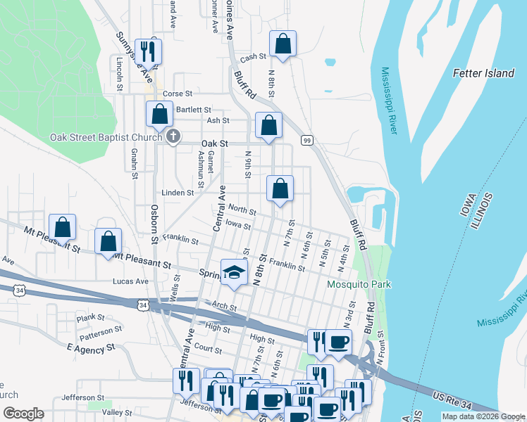 map of restaurants, bars, coffee shops, grocery stores, and more near 1219-1299 North 8th Street in Burlington