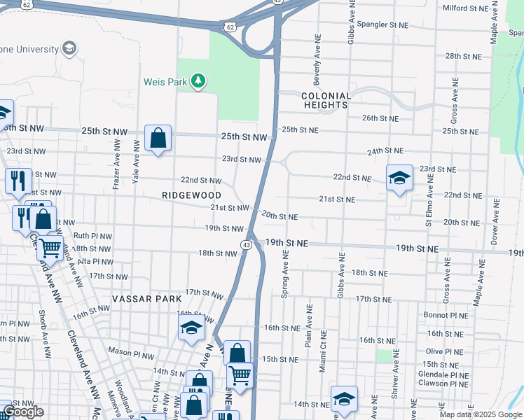 map of restaurants, bars, coffee shops, grocery stores, and more near 2110 Market Avenue North in Canton