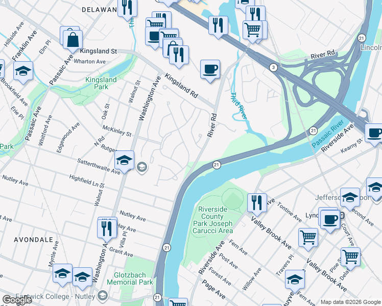 map of restaurants, bars, coffee shops, grocery stores, and more near 122 Stratford Drive in Nutley