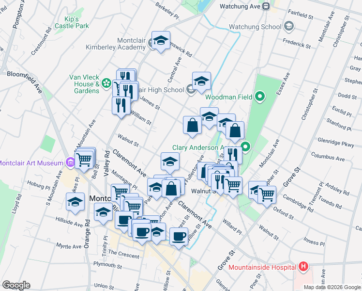 map of restaurants, bars, coffee shops, grocery stores, and more near 96 Park Street in Montclair