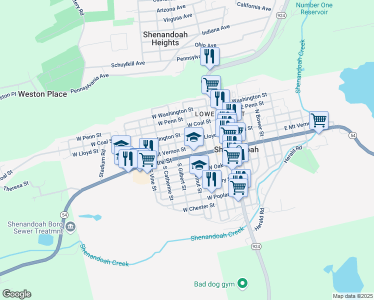 map of restaurants, bars, coffee shops, grocery stores, and more near 310 West Mount Vernon Street in Shenandoah