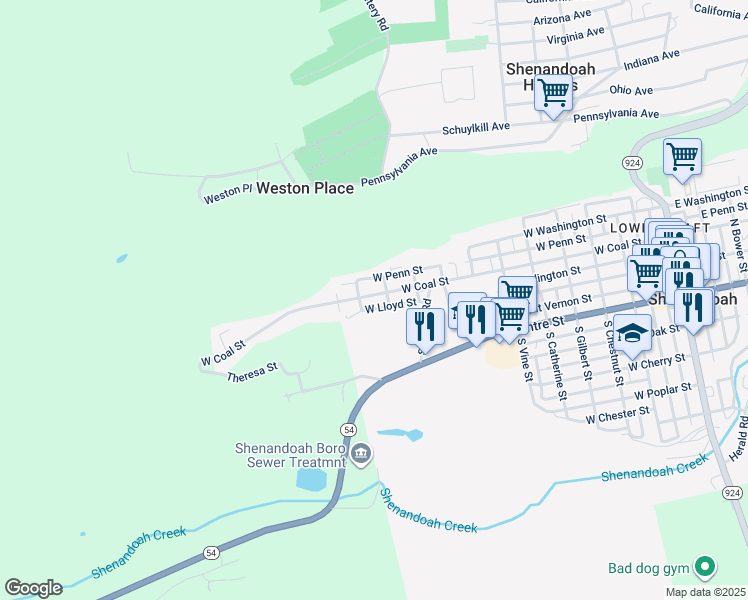 map of restaurants, bars, coffee shops, grocery stores, and more near 954 West Coal Street in Shenandoah