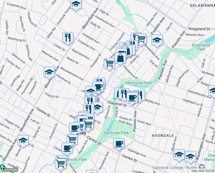 map of restaurants, bars, coffee shops, grocery stores, and more near 411 Franklin Avenue in Nutley