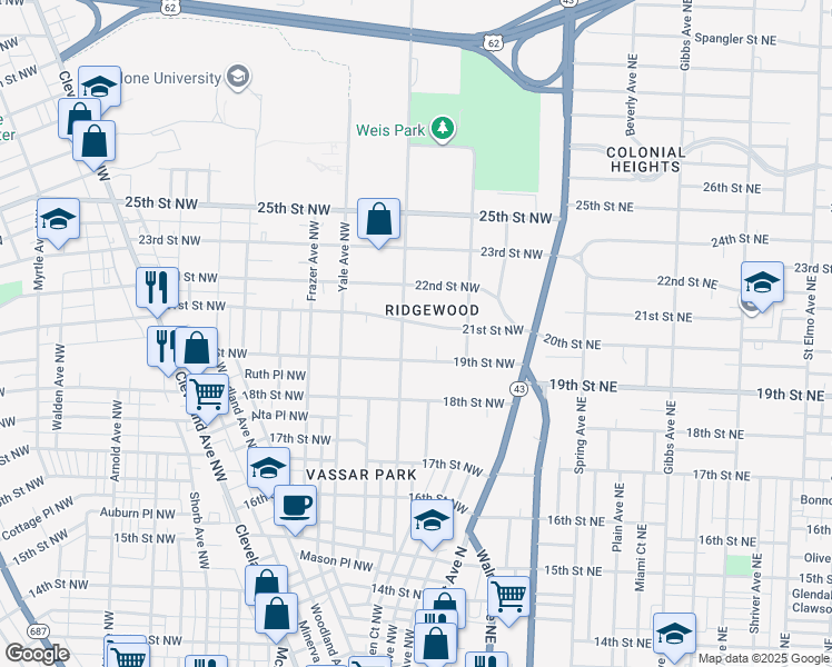 map of restaurants, bars, coffee shops, grocery stores, and more near 250 21st Street Northwest in Canton