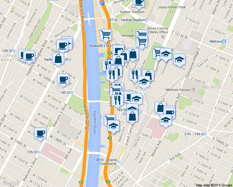 map of restaurants, bars, coffee shops, grocery stores, and more near 88 E 150th St in Bronx