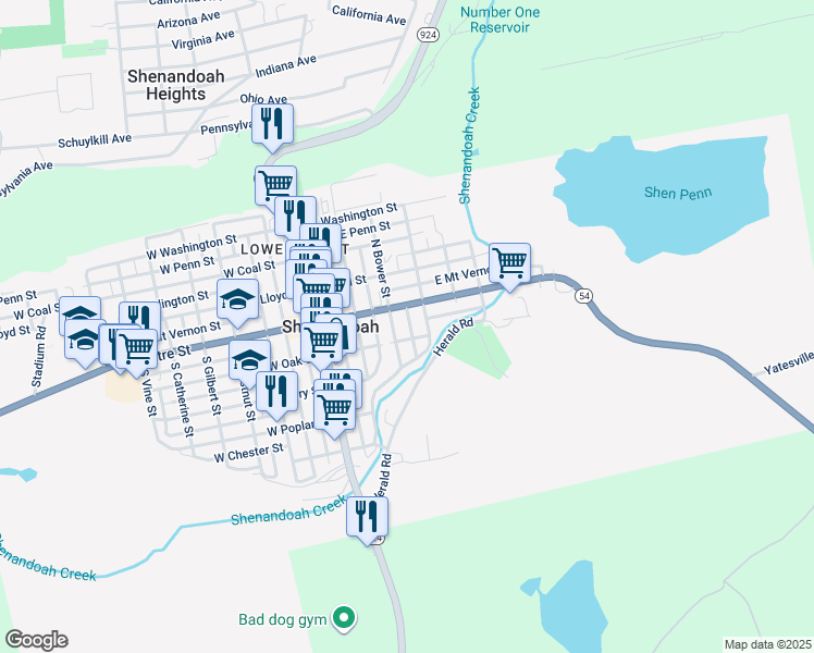 map of restaurants, bars, coffee shops, grocery stores, and more near 26 South Grant Street in Shenandoah