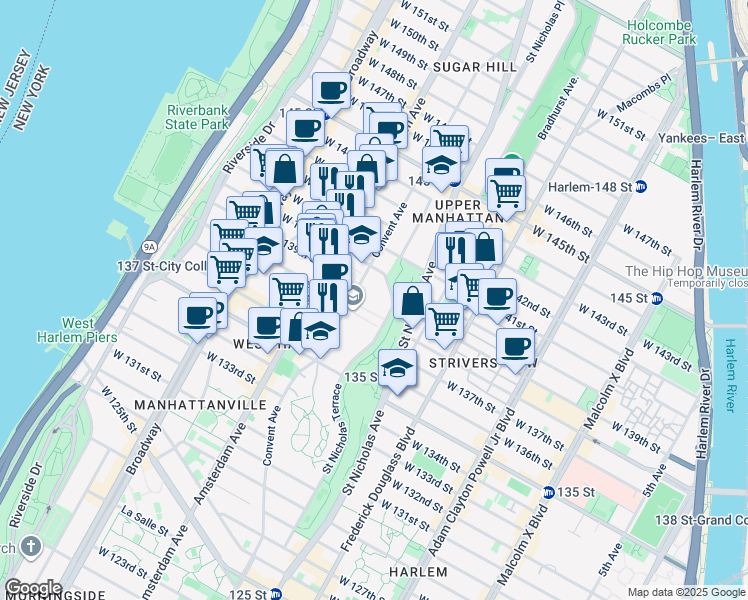 map of restaurants, bars, coffee shops, grocery stores, and more near 259 Convent Avenue in New York