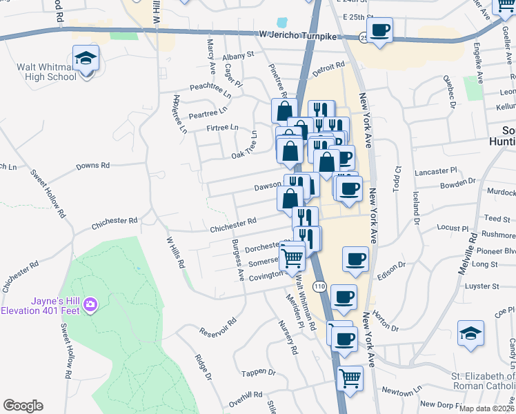 map of restaurants, bars, coffee shops, grocery stores, and more near 28 Livingston Street in Huntington Station