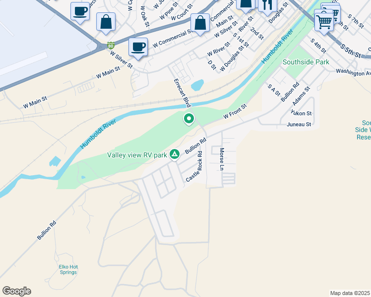 map of restaurants, bars, coffee shops, grocery stores, and more near West Front Street in Elko