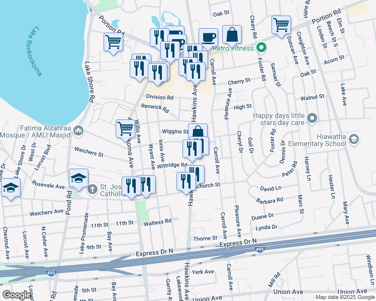 map of restaurants, bars, coffee shops, grocery stores, and more near 23 Lakewood Road in Ronkonkoma