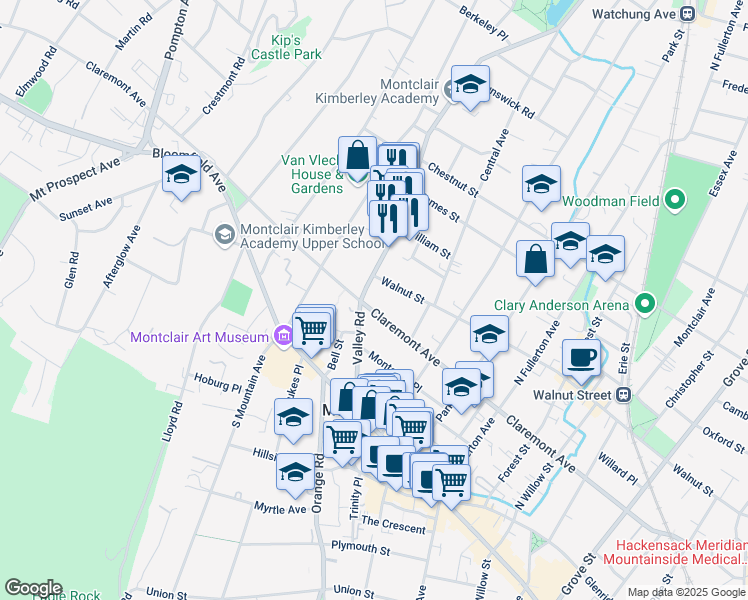 map of restaurants, bars, coffee shops, grocery stores, and more near 224 Walnut Street in Montclair