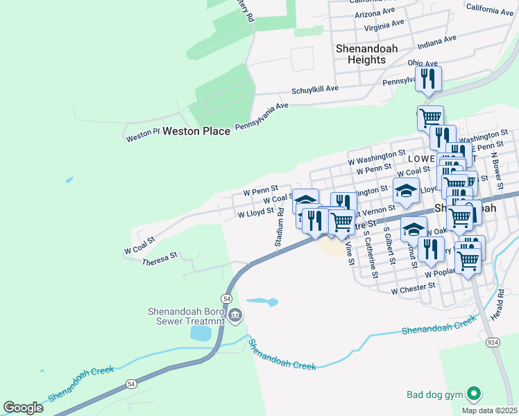 map of restaurants, bars, coffee shops, grocery stores, and more near 926 West Coal Street in Shenandoah
