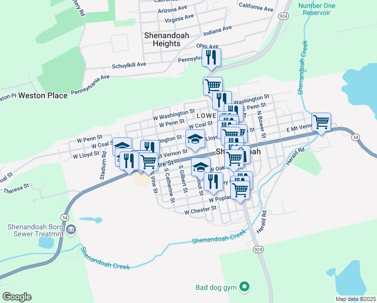 map of restaurants, bars, coffee shops, grocery stores, and more near 310 West Mount Vernon Street in Shenandoah