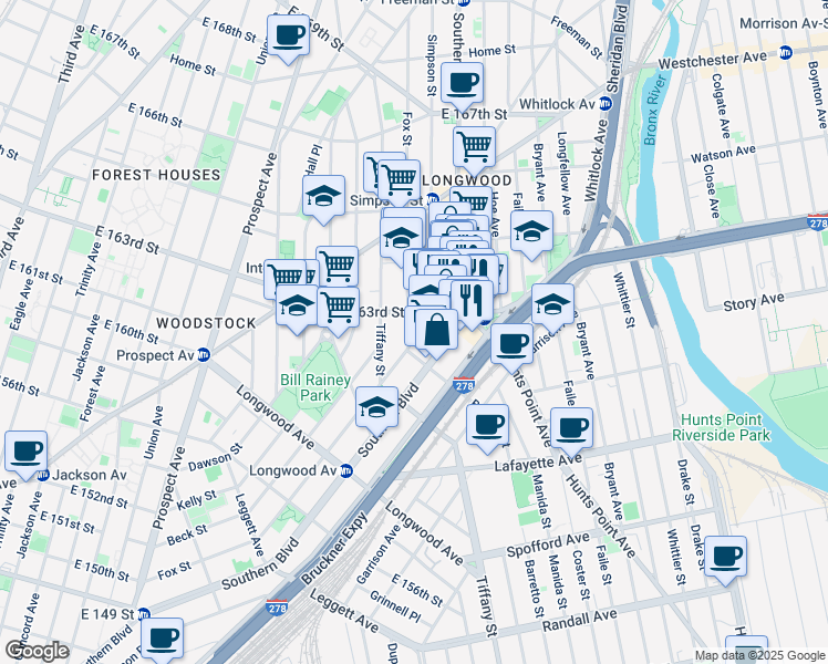 map of restaurants, bars, coffee shops, grocery stores, and more near 1009 East 163rd Street in The Bronx