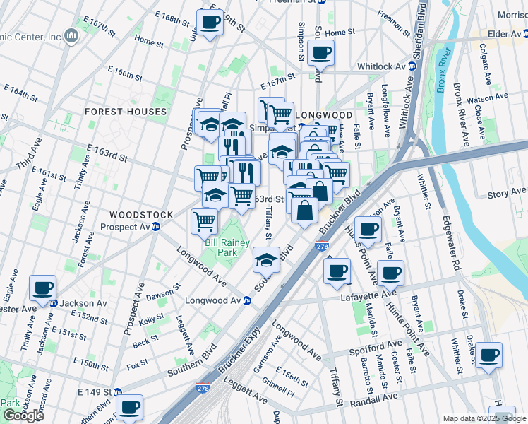 map of restaurants, bars, coffee shops, grocery stores, and more near 973 East 163rd Street in Bronx