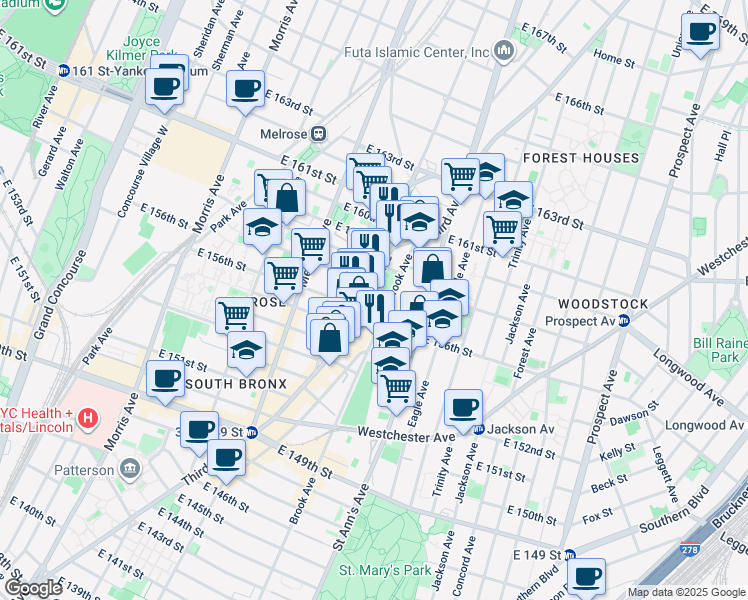 map of restaurants, bars, coffee shops, grocery stores, and more near 3077 3rd Avenue in Bronx