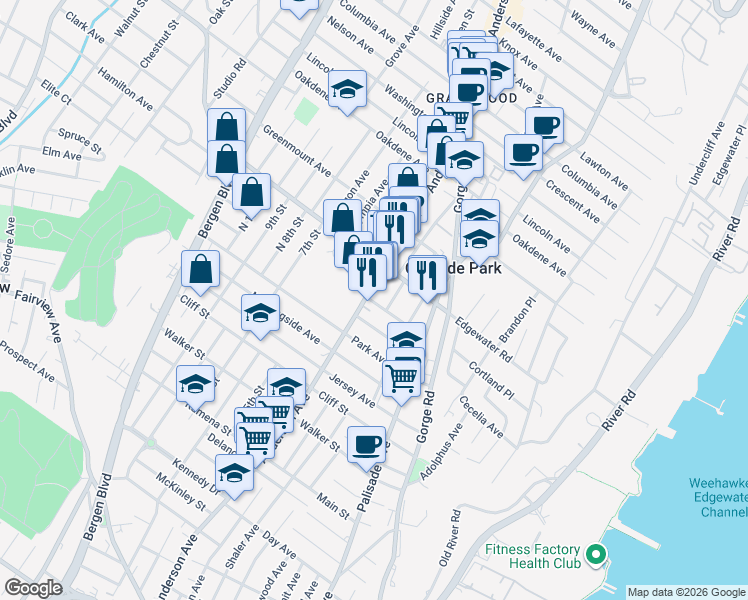map of restaurants, bars, coffee shops, grocery stores, and more near 425-435 Anderson Avenue in Fairview