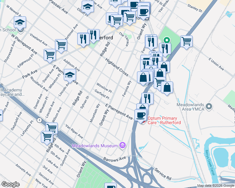 map of restaurants, bars, coffee shops, grocery stores, and more near 199 Orient Way in Rutherford