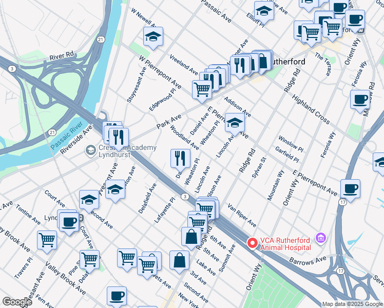 map of restaurants, bars, coffee shops, grocery stores, and more near 56 Daniel Avenue in Rutherford