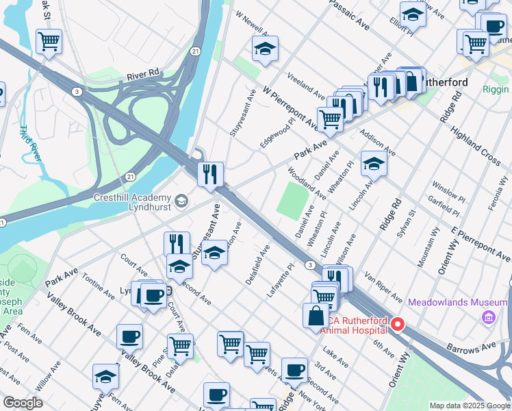 map of restaurants, bars, coffee shops, grocery stores, and more near 36 East Gouverneur Avenue in Rutherford