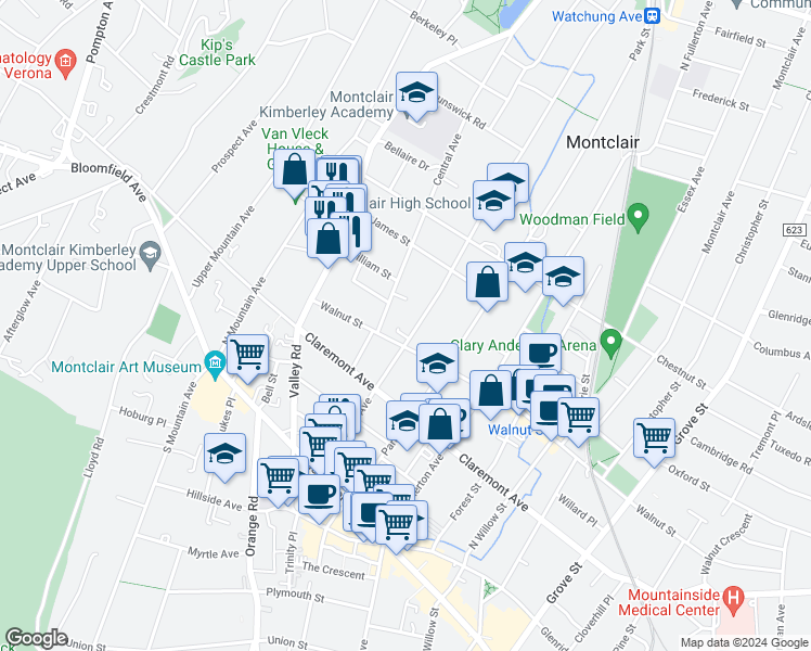 map of restaurants, bars, coffee shops, grocery stores, and more near 15 Central Avenue in Montclair