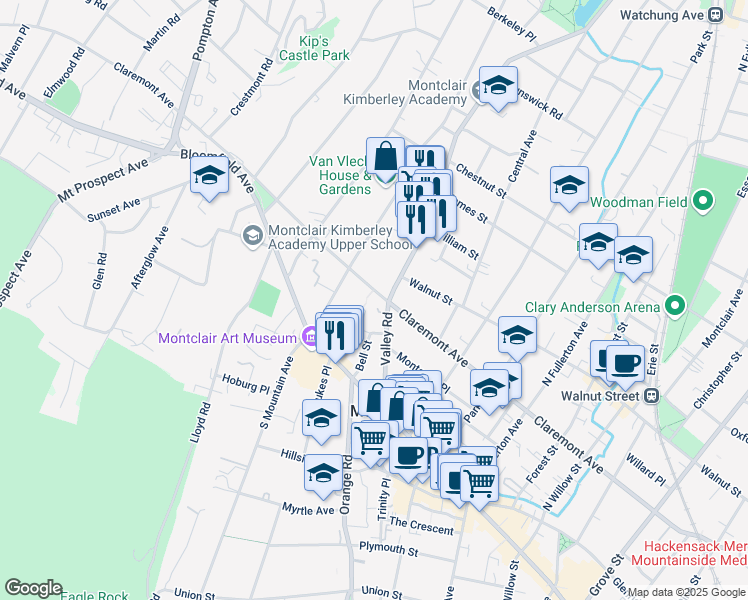 map of restaurants, bars, coffee shops, grocery stores, and more near 315 Claremont Avenue in Montclair
