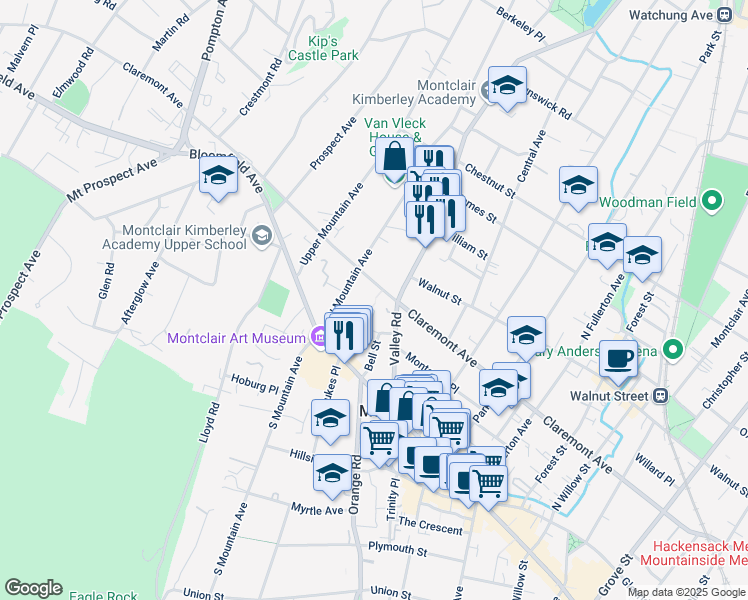 map of restaurants, bars, coffee shops, grocery stores, and more near 315 Claremont Avenue in Montclair