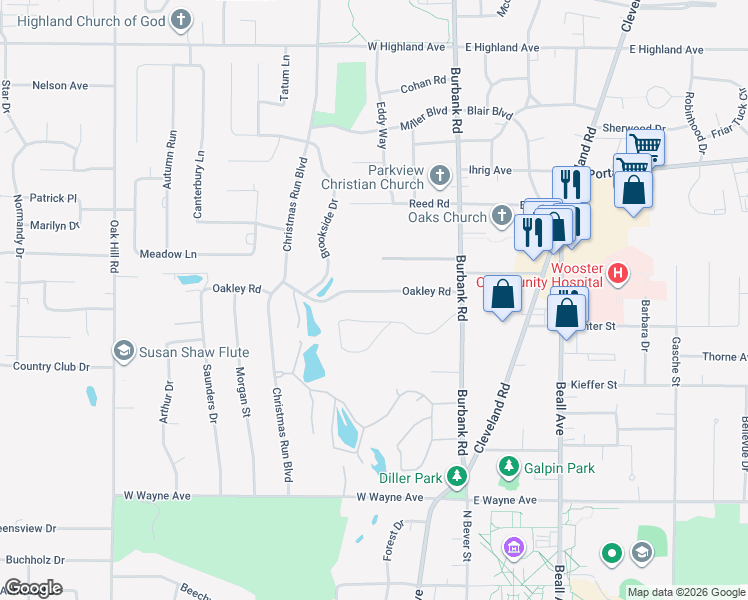 map of restaurants, bars, coffee shops, grocery stores, and more near 315 Oakley Road in Wooster