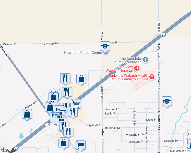 map of restaurants, bars, coffee shops, grocery stores, and more near 1900 Albert Street in Wabash