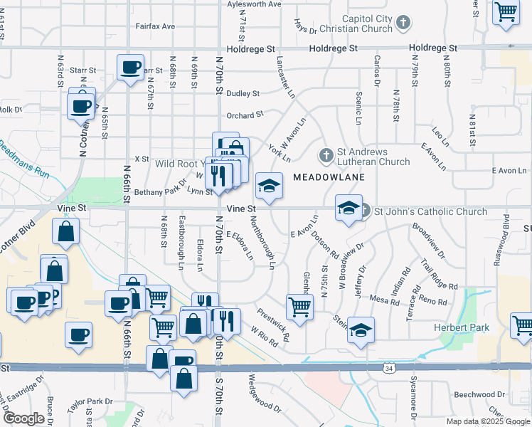 map of restaurants, bars, coffee shops, grocery stores, and more near 810 Northborough Lane in Lincoln