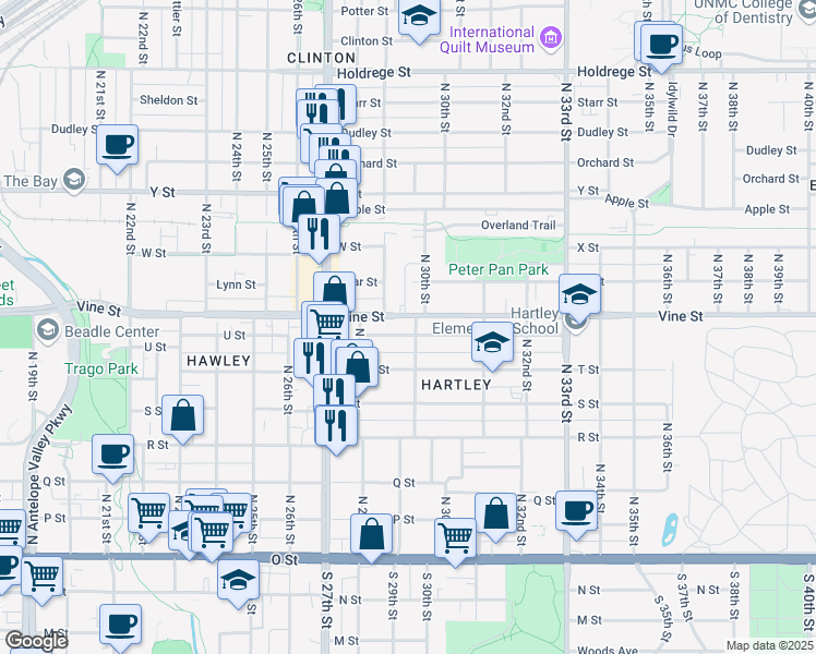 map of restaurants, bars, coffee shops, grocery stores, and more near 2916 Vine Street in Lincoln