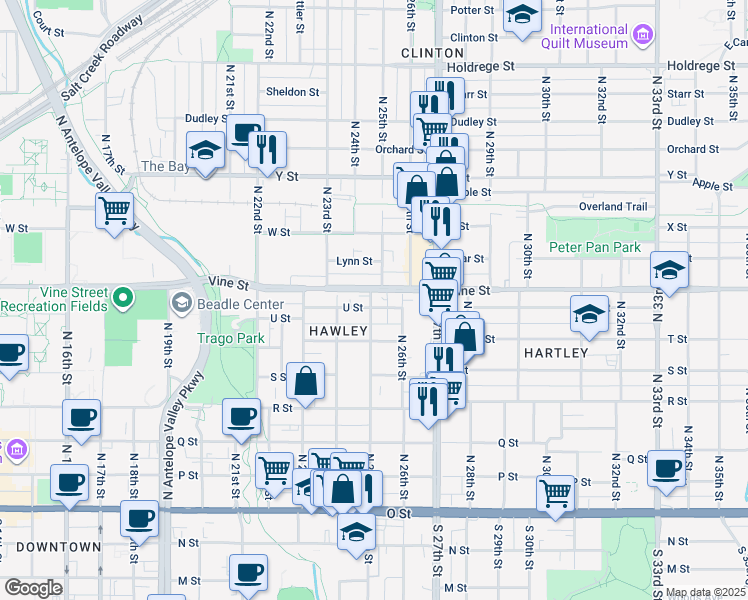 map of restaurants, bars, coffee shops, grocery stores, and more near 2454 Vine Street in Lincoln