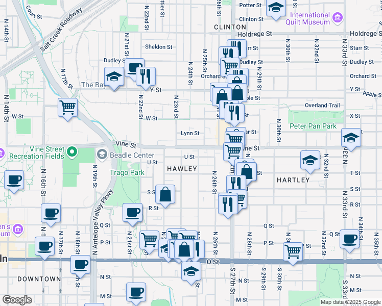 map of restaurants, bars, coffee shops, grocery stores, and more near 2454 Vine Street in Lincoln