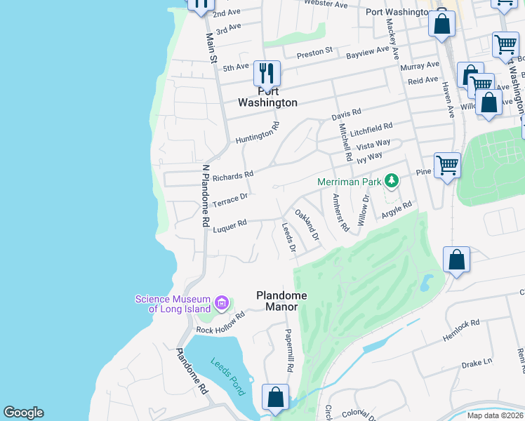 map of restaurants, bars, coffee shops, grocery stores, and more near 1 Leeds Drive in Port Washington
