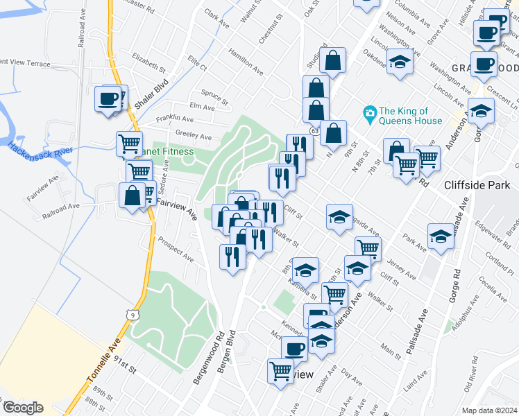 map of restaurants, bars, coffee shops, grocery stores, and more near 522 Cliff Street in Fairview