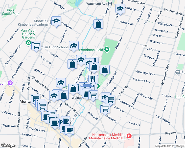 map of restaurants, bars, coffee shops, grocery stores, and more near 62 Chestnut Street in Montclair