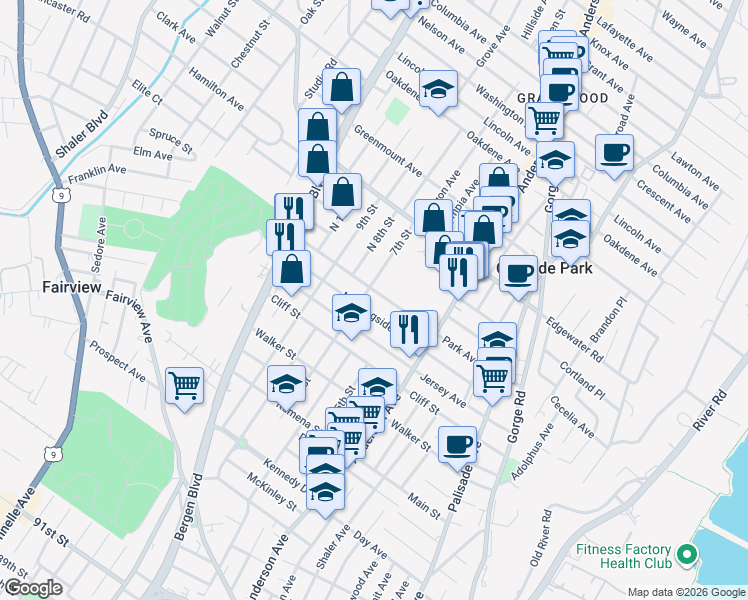 map of restaurants, bars, coffee shops, grocery stores, and more near 408 7th Street in Fairview