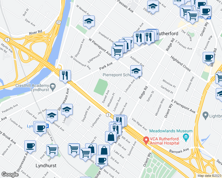 map of restaurants, bars, coffee shops, grocery stores, and more near 105 Daniel Avenue in Rutherford