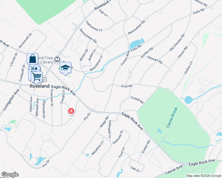 map of restaurants, bars, coffee shops, grocery stores, and more near 57 Oval Road in Essex Fells
