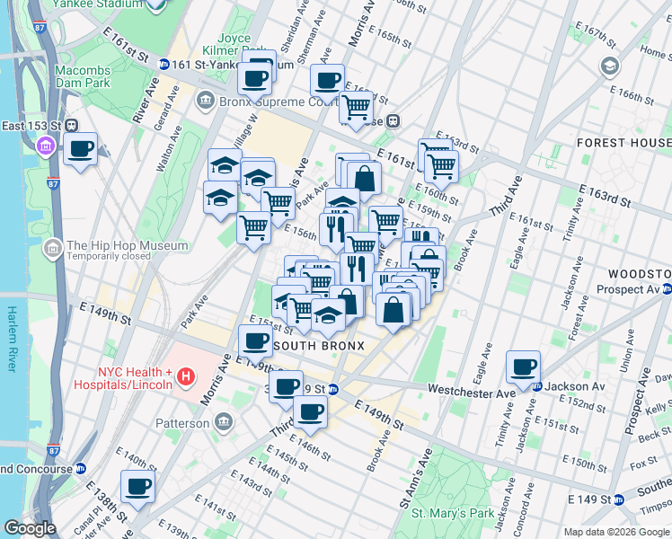 map of restaurants, bars, coffee shops, grocery stores, and more near 732 Courtlandt Avenue in The Bronx
