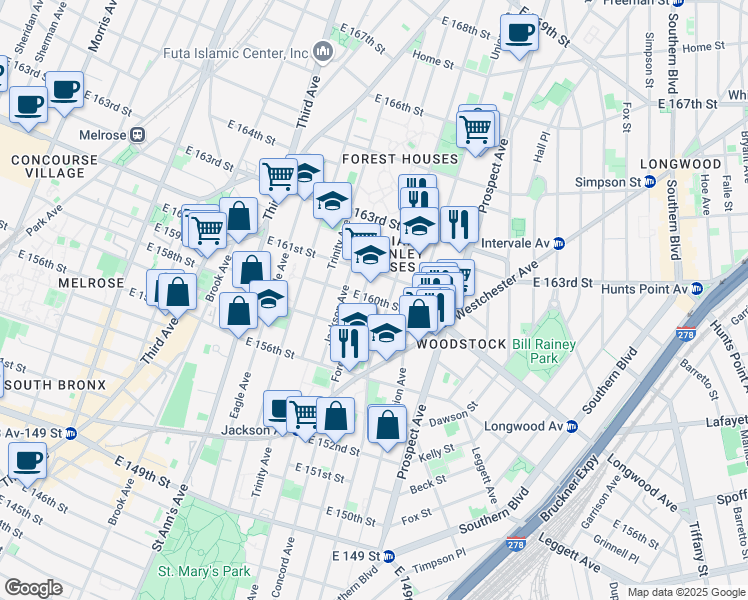 map of restaurants, bars, coffee shops, grocery stores, and more near 761 East 160th Street in Bronx