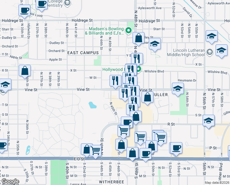 map of restaurants, bars, coffee shops, grocery stores, and more near 4438 Vine Street in Lincoln