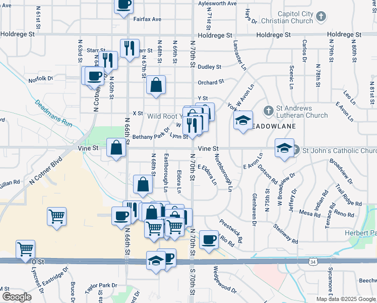 map of restaurants, bars, coffee shops, grocery stores, and more near 6941 Vine Street in Lincoln