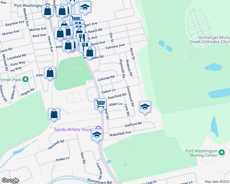 map of restaurants, bars, coffee shops, grocery stores, and more near 3 Colby Road in Port Washington