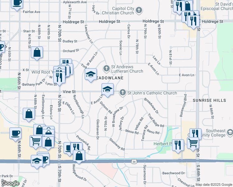 map of restaurants, bars, coffee shops, grocery stores, and more near 7601 Vine Street in Lincoln