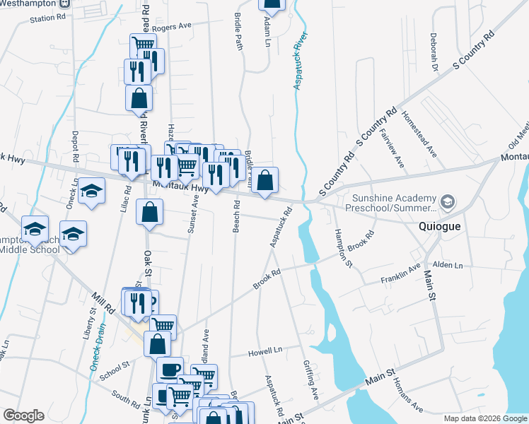 map of restaurants, bars, coffee shops, grocery stores, and more near 310 County Road 80 in Westhampton Beach